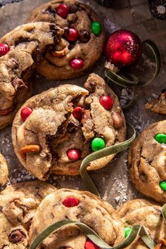 chocolate chip cookies decorated with candy and candies