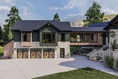 this is an artist's rendering of a house with garages and stone walls