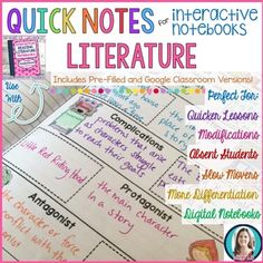 the cover of quick notes and interactive notebooks for children with pictures of books on them