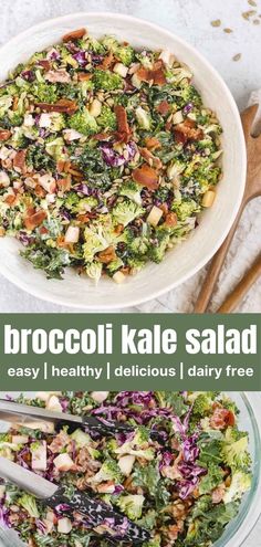 Broccoli salad in large white serving bowl and a second image showing ingredients being mixed together. Broccoli Kale Salad, Salad Dairy Free, Healthy Broccoli Salad, Dairy Free Salads, Healthy Broccoli, Clean Eating Salads, Kale Salad Recipes, Healthy Summer Recipes