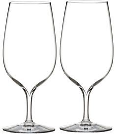 two empty wine glasses sitting next to each other on a white background with no one in it