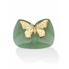 PalmBeach Jewelry exclusive. Playful, yet elegant, this charming green or black jade butterfly ring is designed as an unforgettable ornament for your finger. An artful fashion-forward fun edge green jade in 14k yellow gold or black jade in 10k yellow gold. We recommend that you order one size up for this style. As this item contains genuine jade, the actual stone colors may vary slightly. 48644RNG Size: 7.  Gender: female.  Age Group: adult. Jade Butterfly, Gold Butterfly Ring, Green Ring, Dope Jewelry, Butterfly Ring, Jade Ring, Butterfly Jewelry, Jade Jewelry, Gold Butterfly