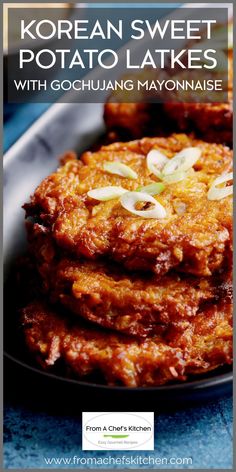 Stack of three Korean Sweet Potato Latkes garnished with sliced scallion. Gochujang Recipe, Sweet Potato Snacks, Sweet Potato Latkes, Korean Sweet Potato, Sweet Potato Patties, Sweet Potato Side Dish, Sweet Potato Sides, Japanese Sweet Potato, Korean Side Dishes