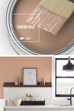 a can of paint with the words canyon dusk on it and an image of a brush