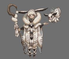 an anime character with horns and wings, holding two sheeps in her hands while standing next to each other