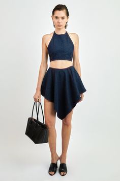 This top from Alaïa seamlessly blends its signature tie trim with raw Japanese denim to create a versatile piece that would look perfect with our matching skirt or any other pair of trousers. Triangle Skirt, Charlotte Chesnais, Scarf Shirt, Shirts For Leggings, Japanese Denim, Pleats Please Issey Miyake, Cape Coat, Jean Leggings, Shirt Skirt