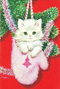 a white kitten hanging from a christmas tree