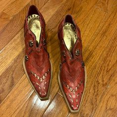 Bcbg Adorable Distressed Red Leather Western Booties- Size 6 - Bronze Leather Whipstitch Detailing - Nwot - They Were Too Small On Me And I Never Wore Them. Western Booties, Distressed Leather, Red Leather, Bootie Boots, Ankle Boots, Size 6, Women Shoes, Boots, Red