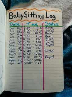 a babysitting log is open to show the time and times for each child