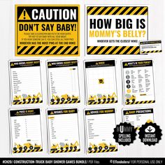 construction themed baby shower game with instructions and printables on the front, back and sides