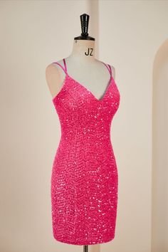 Double Straps Hot Pink Sequin Bodycon Homecoming Dress Pink Contrast Sequin Spaghetti Strap Dress, Backless Pink Sequin Dress For Homecoming, Pink Backless Sequin Dress For Homecoming, Pink Fitted Sequin Dress With Spaghetti Straps, Pink Sequin Spaghetti Strap Dress, Pink Sequined Mini Dress With Fitted Bodice, Tight Homecoming Dress, Bodycon Dress Homecoming, Cape Wedding Dress