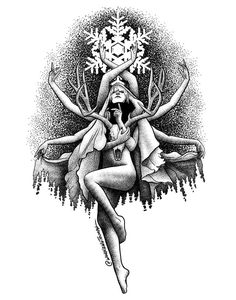 a black and white drawing of two women with snowflakes on their heads, one holding the other's head