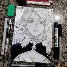 a drawing of a girl with an owl on her shoulder next to markers and pens