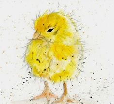 a watercolor painting of a yellow chickling on white paper with splats