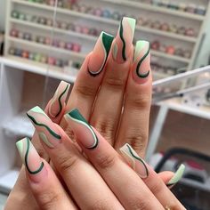 Discover the latest trends in line nail designs with our guide to stylish and chic line nail art! Perfect for adding a touch of sophistication to your manicure, these designs offer a sleek and modern look. Explore creative patterns and get inspired to elevate your nail art game with these trendy line designs. #NailArt #LineNailDesigns #ManicureTrends #NailInspo Green Line Nail Art, Line Work Nails, Green Abstract Nails, Green Nails Art, Diamond Nail Art Design, Nails Lines, Green Manicure