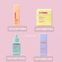 several different types of cosmetics on a pink background with the words yoma written below them