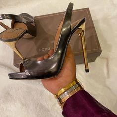 Gold Heel With Metallic Gray Leather Supper Comfortable And Sophisticated Never Been Worn Come With Box And Dust High Heel Mules, Clog Heels, Gold Heels, Chunky Heels Sandals, Stiletto Sandals, Leather Mules, Black High Heels, Mary Jane Shoes, Mules Shoes