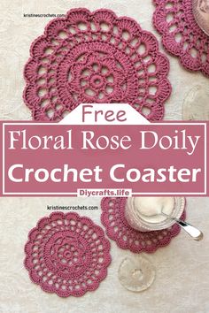 crochet coasters with text overlay that reads free floral rose doily crochet coaster