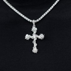 Introducing the Iced Spiked Cross Pendant featuring crystal hand-set stones. This head-turning piece is fully iced out, crafted in 14k White Gold, and features a spiked vine wrapped around the entire cross. Rock it with our 3mm Diamond Tennis Chain for the perfect drip to upgrade your fit! This product is guaranteed for life - GLD will repair the item should you experience any defects in craftsmanship or breakage. Specifications - 31mm x 44mm (Width x Height) - Bail: Fits up to 4mm Rope Chain - Iced Out Diamond White Cross Jewelry, Diamond Cross Necklace Iced Out, White Iced Out Cross Necklaces, White Iced Out Cross Necklace, Gold Iced Out Cross Pendant Jewelry, Vermeil Jewelry, Custom Earrings, Metal Crafts, Pendant Bracelet