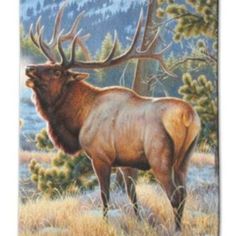 a painting of an elk standing in the grass