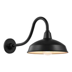 a black wall light with an arm and bulb on the side, against a white background