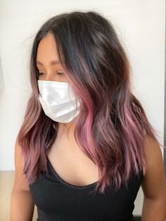 Pink Hair Streaks Light Brown, Subtle Pink Highlights In Black Hair, Pink Red And Brown Hair, Highlights In Brown Hair Color Streaks, Shoulder Length Hair With Pink Highlights, Face Frame Purple Hair, Pink Hair With Brunette, Brunette Pink Peekaboo, Hair Dye Ideas Pink Highlights