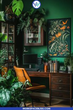 Dark botanical garden setup providing moody office ideas for a serene dark home office and cozy office space perfect for working from home. Moody Office Ideas, Green Office Walls, Small Moody Office, Green Office Design, Colorful Office Space, Grand Office, Dark Home Office, Green Home Offices, Cozy Office Space