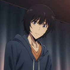 an anime character wearing a hoodie and looking at the camera while standing in front of a curtain