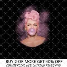 a woman with pink hair blowing bubbles in front of a black and white background that says, buy 2 or more get 40 % off commercial use files png