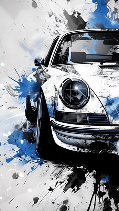 a white car with blue paint splatters on it