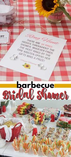 a table topped with candy and sunflowers next to a sign that says barbecue bridal shower