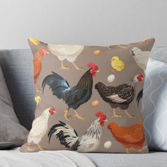 a group of chickens and roosters on a brown background with eggs throw pillow cover