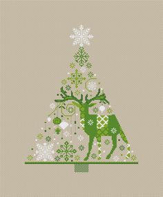 a cross stitch christmas tree with deer and snowflakes on the bottom, in green