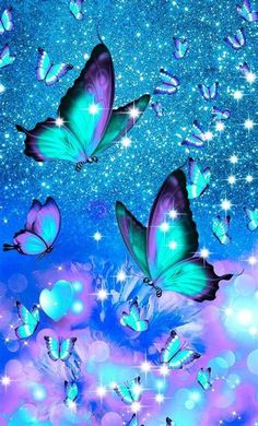 three blue butterflies flying in the sky with sparkles and stars on it's wings