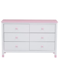 a white and pink dresser with drawers