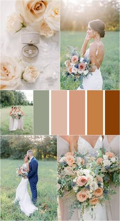 a collage of wedding photos with peach and white flowers