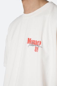 the Vintage Monaco Tee features our custom-developed wash and screen print process that replicates a true vintage hand feel, color, and print. the tee is a relaxed fit with a standard hem and is printed and washed in the USA. Details relaxed fit 100% cotton fabric model is 6’0, 140 lbs and wears a size medium Luxury Graphic Tees, Vintage Merch Design, Bar Merch, Colorful Tshirts, Simple Tshirt Design, Vintage Monaco, Typography Tee Shirt, Merch T Shirt, Art Tees