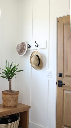 two hats are hanging on the wall next to a potted plant and a door