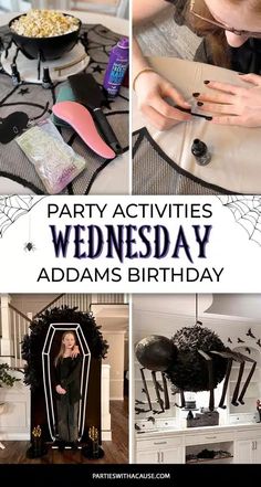 a collage of photos with text that reads party activities wednesday adams's birthday