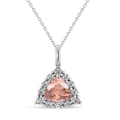 Diamond & Morganite Trillion Cut Pendant Necklace 14k White Gold (1.24ct) Formal White Gold Trillion Cut Jewelry, Formal Jewelry With Trillion Cut Halo Setting, Formal Trillion Cut Jewelry With Halo Setting, Formal Trillion Cut Fine Jewelry, Formal Fine Jewelry With Trillion Cut, Formal Trillion Cut Jewelry With Diamond Accents, Formal Jewelry With Trillion Cut Diamond Accents, Formal Trillion Cut Diamond Jewelry, Formal Jewelry With Diamond Accents In Trillion Cut