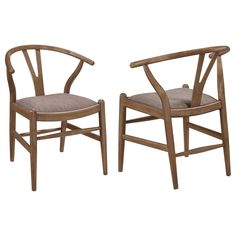 two wooden chairs with grey upholstered cushions