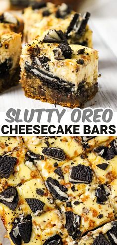 there is a slice of cheesecake bar with oreo cookies on the top and bottom