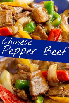 chinese pepper beef with peppers and onions on a blue plate