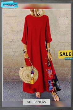 Women's Swing Dress Maxi Long Dress - 3/4 Length Sleeve Print Print Spring & Summer Hot Casual Holiday Vacation Dresses Loose Red Yellow Wine Army Green Navy Blue Gray L Xl Xxl 3xl 4xl 5xl Red Maxi Sundress For Beach Cover-up, Free Size Red Maxi Dress For Beach Cover-up, Red Maxi Kaftan For Beach Cover-up, Maxi Long Dress, Summer Hot, Holiday Vacation, Dresses By Length, Vacation Dresses, Dress Maxi