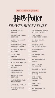 the harry potter travel bucket list is shown in black and white, with pink background