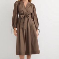 J.Crew V-Neck Dress Tie Waist And Pockets Beautiful Brown Color Elastic Tie Details At Sleeves 46.5" Long V-neck Tie Waist Dress For Daywear, Chic Brown V-neck Dress For Spring, Cotton V-neck Dress For Brunch, Chic V-neck Dress For Fall Daywear, Midi Length V-neck Dress For Spring Workwear, Fall Daywear Dress With Split Neck, Elegant Brown V-neck Dress For Spring, Fall Daywear Dress With Surplice Neckline, Elegant Cotton V-neck Midi Dress