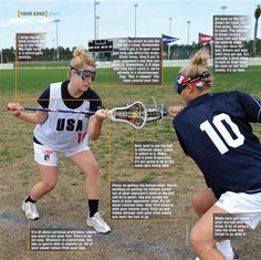 two girls are playing lacrosse on the field in front of an american flag and text