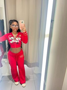 #hardy #outfits Ed Hardy Two Piece Set, Present Dress Up Day, Hoodrich Outfit Women, Cute Outfits Red And Black, Red Ed Hardy Outfit, Red Rick Owens Outfit Black Women, Outfits With Red Sweatpants, Hoodie With Leggings Outfits, Ed Hardy Shorts Outfit