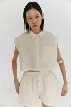 Gender Neutral Cropped Shirt Neutral Loungewear, Sleeveless Button Up Shirt, Cropped Button Up Shirt, Work Wife, Cotton Boxer Shorts, Monogram Embroidery, Fashion Things, Style 2023, Natural Form