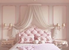 a bed with pink sheets and pillows in a room